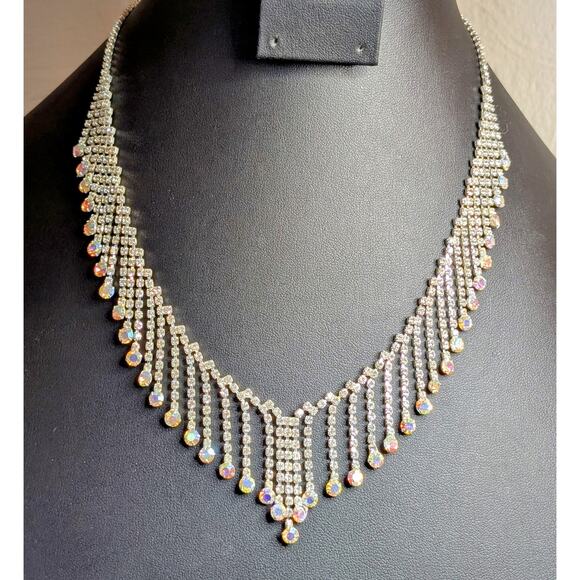 Rhinestone AB Crystal Fringe Dangle Silver Tone 17"-18" Necklace - Picture 1 of 10